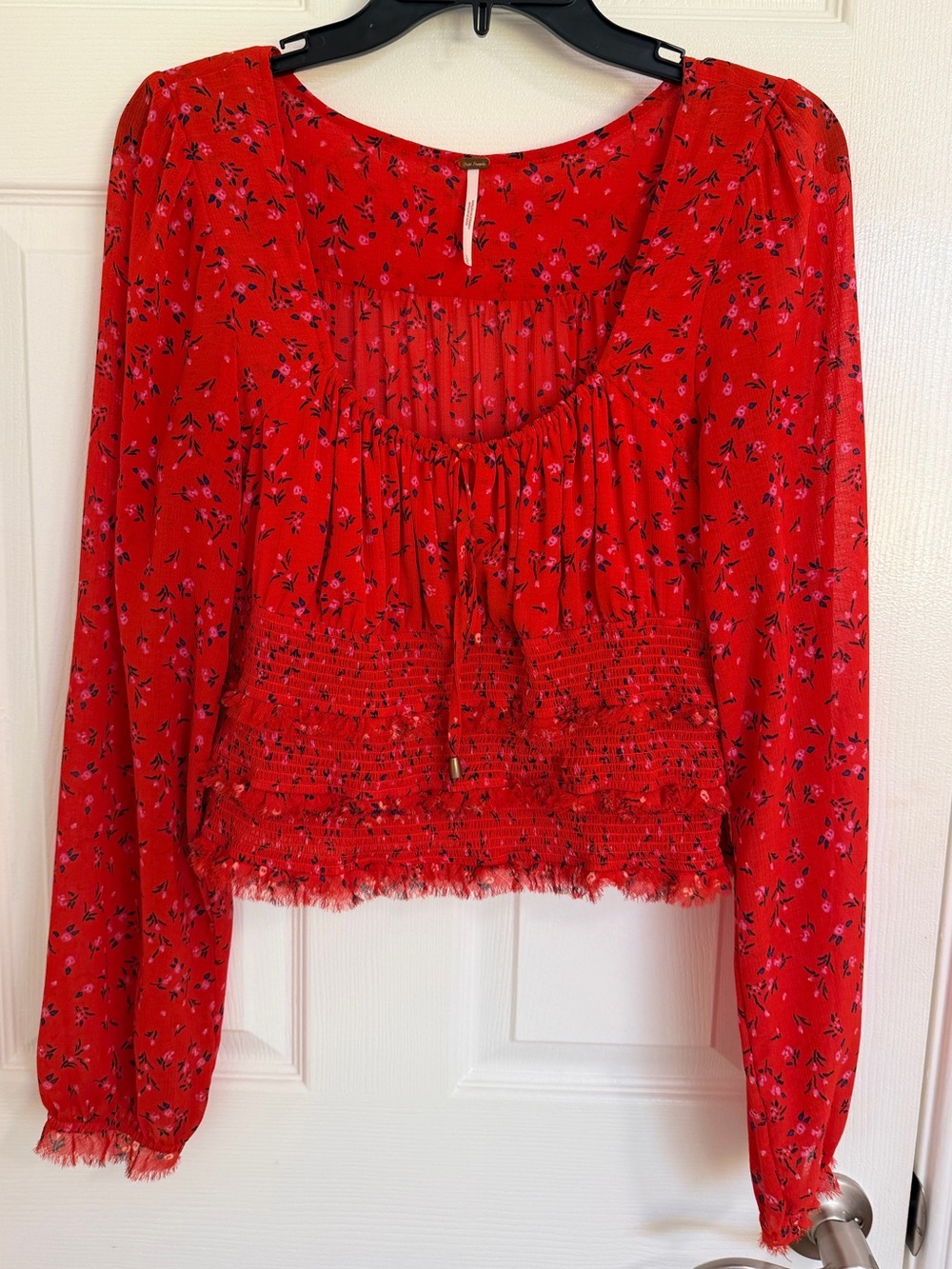 Free People Red Floral Long-Sleeve Smocked Peasant Top